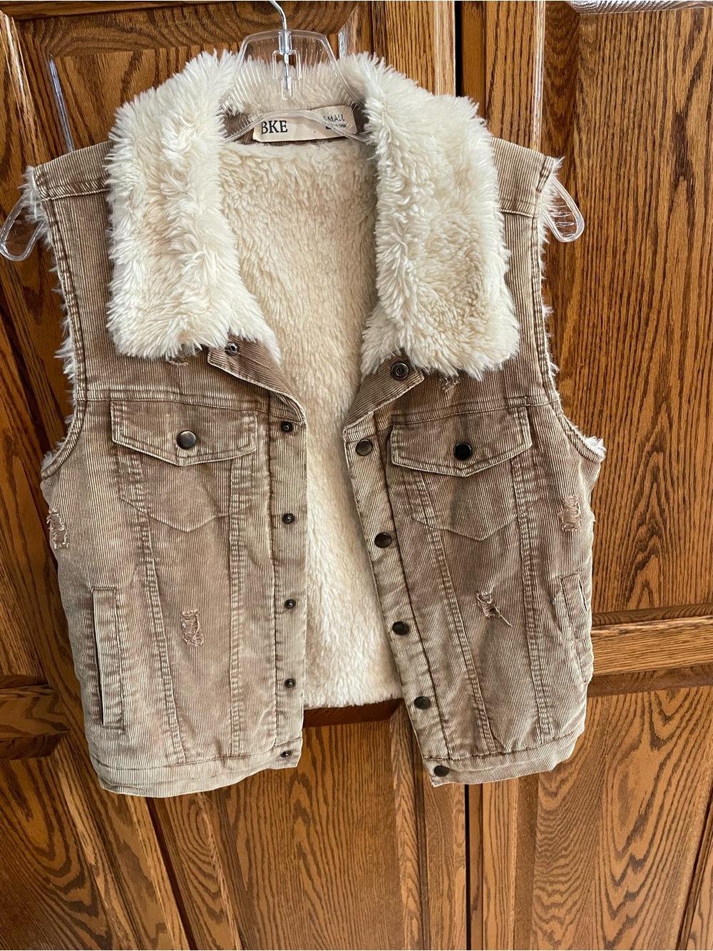 BKE Tan Corduroy Vest with Cream Faux-Shearling Collar